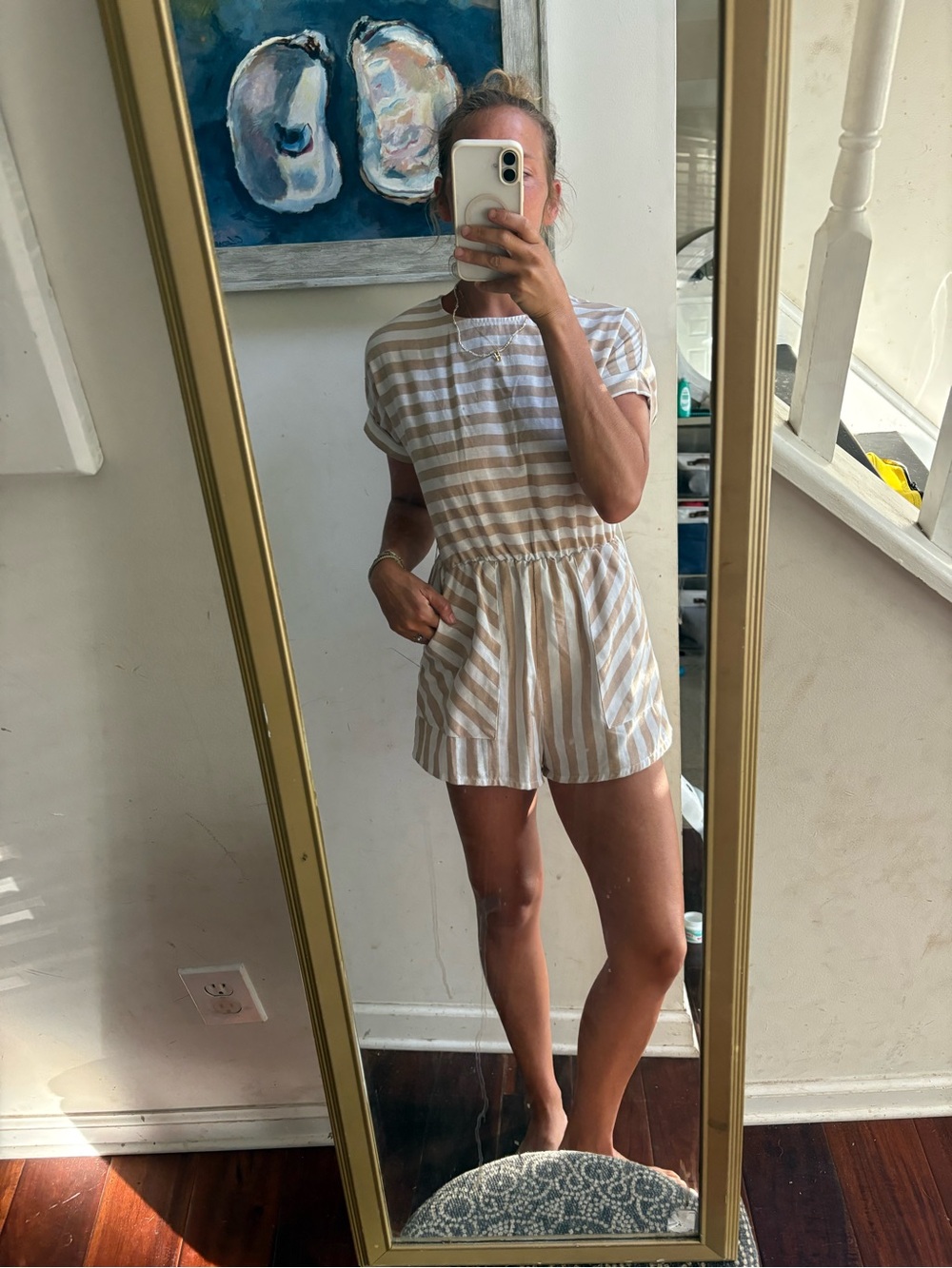 Striped Beige and White Short Romper